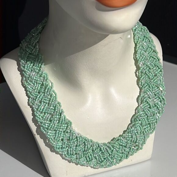 Elegant Mint Green and Clear Multi-Strand Pill Bead Necklace - 17 Inches - Picture 3 of 14